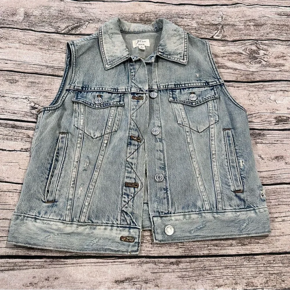 J.Crew Light Blue Distressed Denim Vest Light Wash Size small